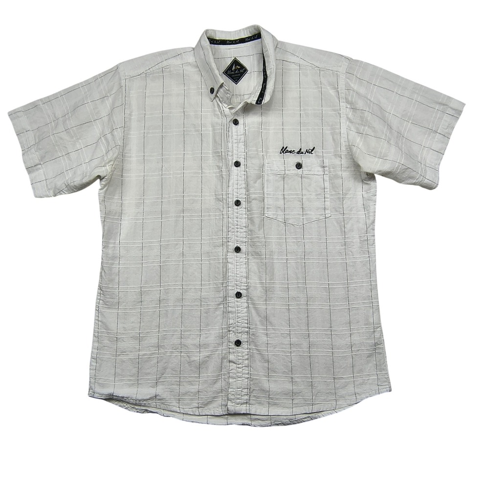 Blanc du Nil Mens White Textured Plaid Short Sleeve Button Down Shirt Size M
